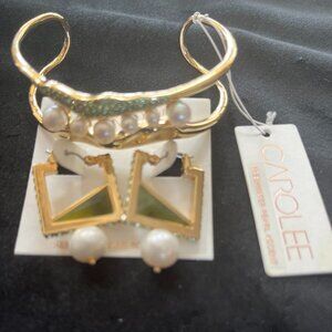 Carolee Set of Pearl Pave Green Square Hoop Earrings and bracelet